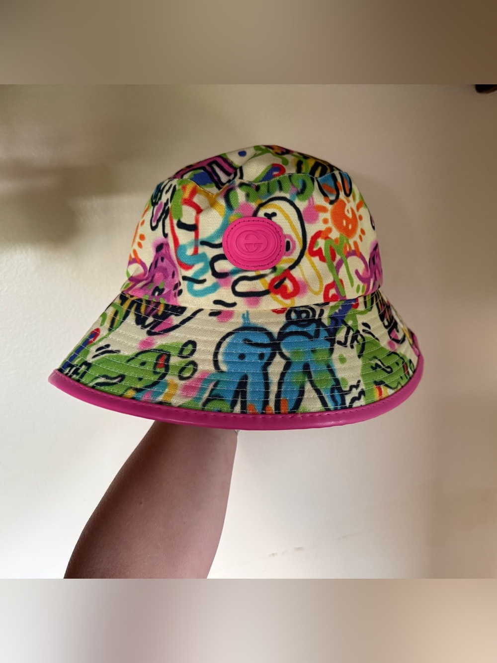 Gucci Multicolor Graffiti Bucket Hat with Pink Trim and Logo